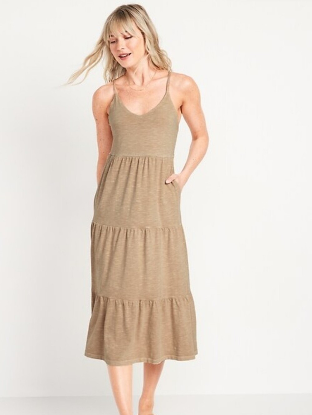 Beige-Tan Tiered Maxi Dress with Tie-Back Straps